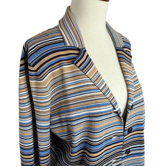 Vintage Jones New York Cardigan Sweater Button Front Size M Striped Blues Tan - Picture 7 of 10
